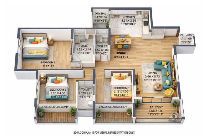 Pride Purple Park Landmark Bibwewadi - Floor plan 3 BHK 1045 Sq.ft