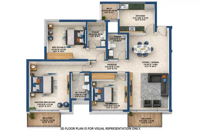 Adani 9 PBR Nerul - Floor plan 3 BHK 1300 Sq.ft