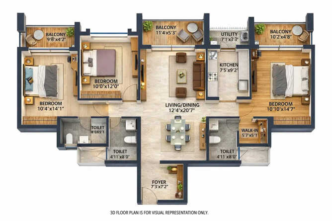 Runwal The Central Park Pimpri Chinchwad - Floor plan 3 BHK 1314 Sq.ft