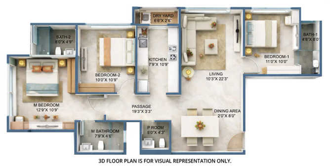 Rustomjee Aden Bandra - Floor plan 3 BHK 940 Sq.ft