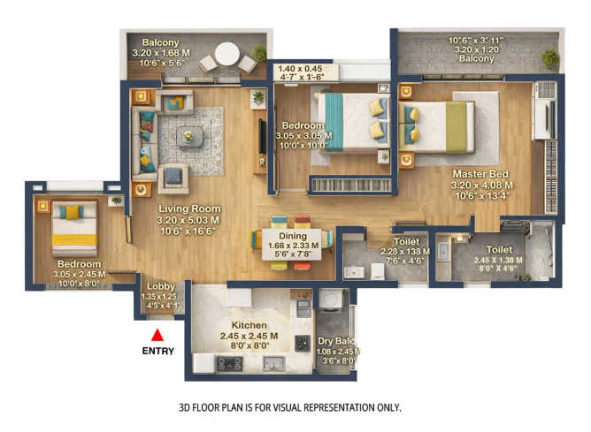 Kohinoor Kaleido Wagholi - Floor plan 3 BHK 898 Sq.ft