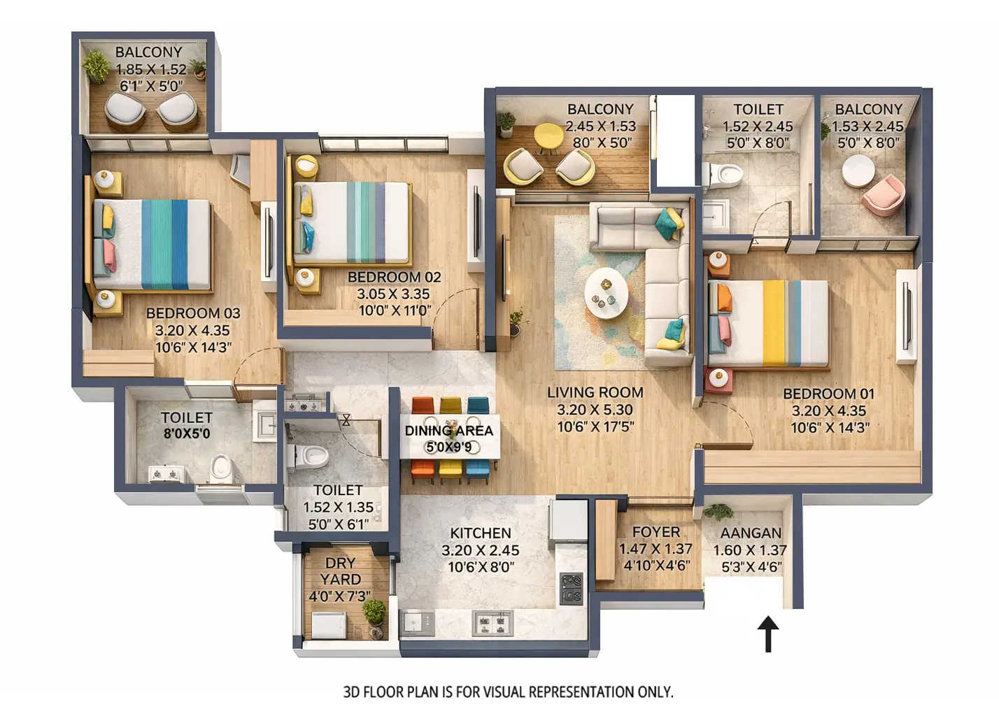 Jhamtani The Crown Thergaon - Floor plan 3 BHK 1107 Sq.ft