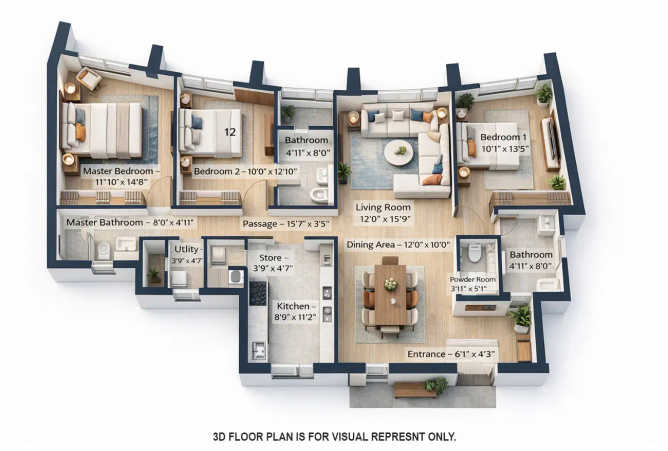 Lodha Kiara Worli - Floor plan 3 BHK 1197 Sq.ft
