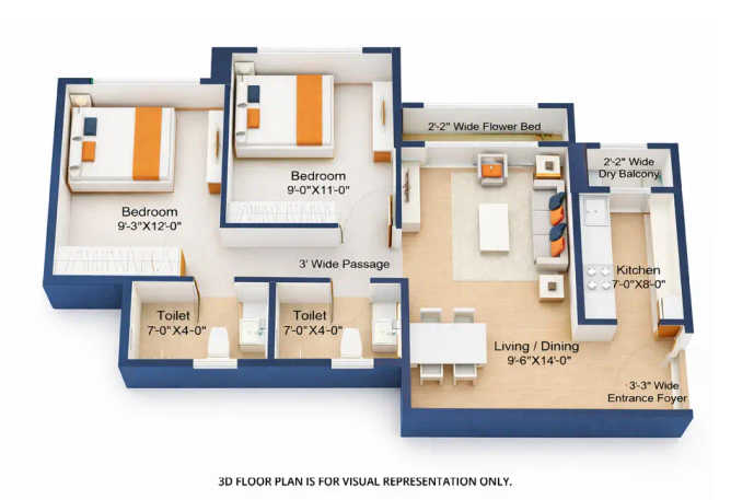 Sunteck Maxx World Naigaon - Floor plan 2 BHK 585 Sq.ft