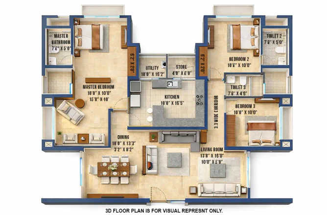 Lodha Vista Lower Parel - Floor plan 3 BHK 1360 Sq.ft