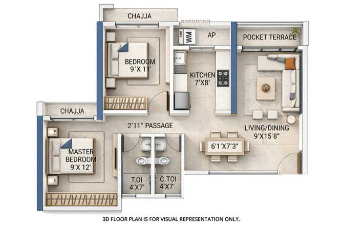 Tricity Aura Kalamboli - Floor plan 2 BHK 985 Sq.ft