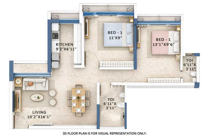 Tricity Bayview Kalamboli - Floor plan 2 BHK 1130 Sq.ft