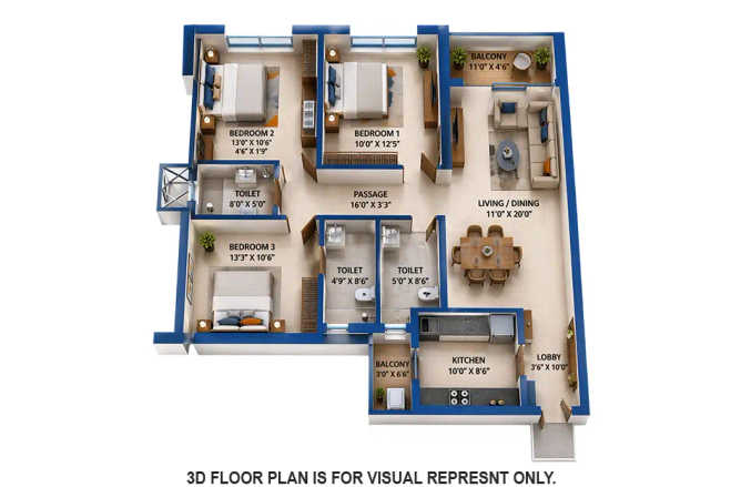 Supreme Boulevard Chembur - Floor plan 3 BHK 1065 Sq.ft
