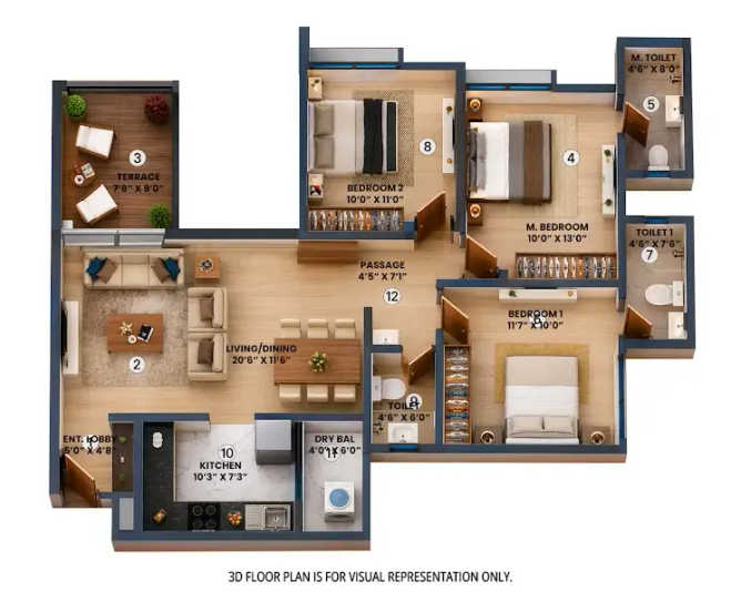 Shapoorji Pallonji Signia Hinjewadi - Floor plan 3 BHK 973 Sq.ft