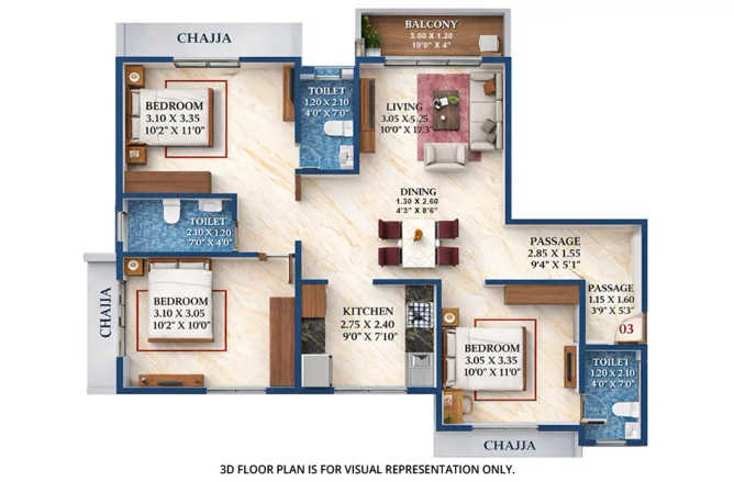 EV 23 Malibu West Kopar Khairane - Floor plan 3 BHK 871 Sq.ft