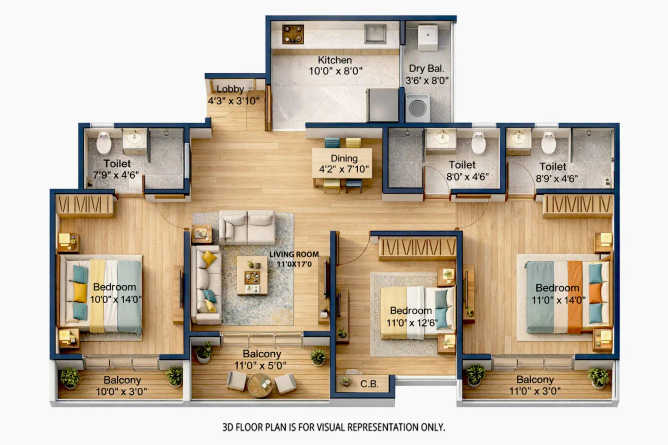 Kohinoor Viva City Dhanori - Floor plan 3 BHK 936 Sq.ft