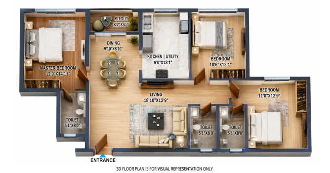 Concorde Mayfair Yelahanka - Floor plan 3 BHK 1661 Sq.ft