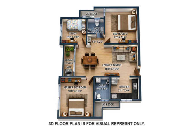 Urbanrise The World Of Joy Siruseri - Floor plan 3 BHK 1033 Sq.ft