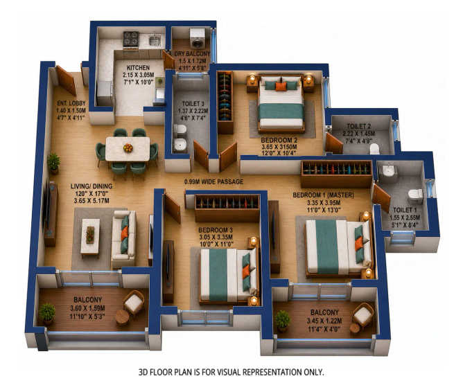 Godrej Park World Hinjewadi - Floor plan 3 BHK 1042 Sq.ft