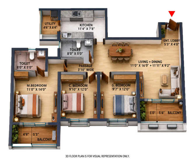 TVS Emerald Auralis Sathanur - Floor plan 3 BHK 1551 Sq.ft