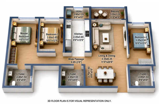 L & T Evara Heights Majiwada - Floor plan 3 BHK 1057 Sq.ft