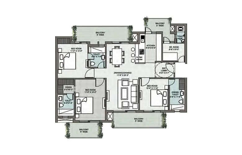 Floor plan for 3 BHK