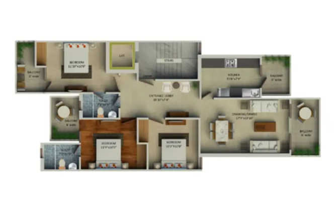 Supertech Aadri Sector 78 Gurgaon - Floor plan 3 BHK 1452 Sq.ft