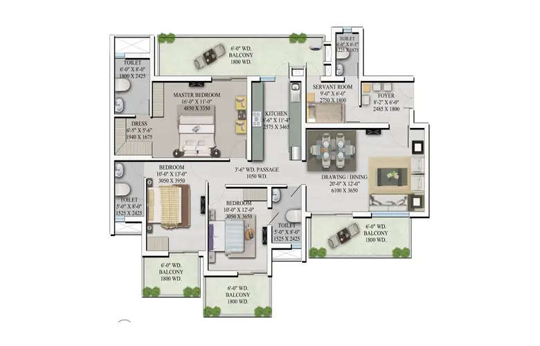 Floor plan for 3 BHK