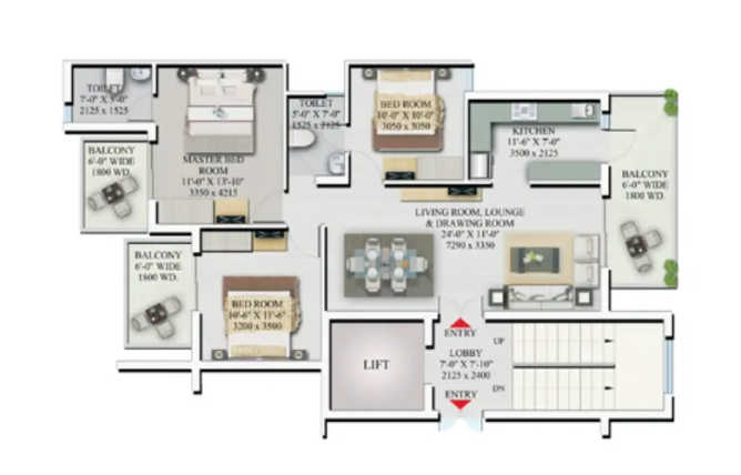 Supertech Officer's Enclave Sector 49 Gurgaon - Floor plan 3 BHK 1725 Sq.ft