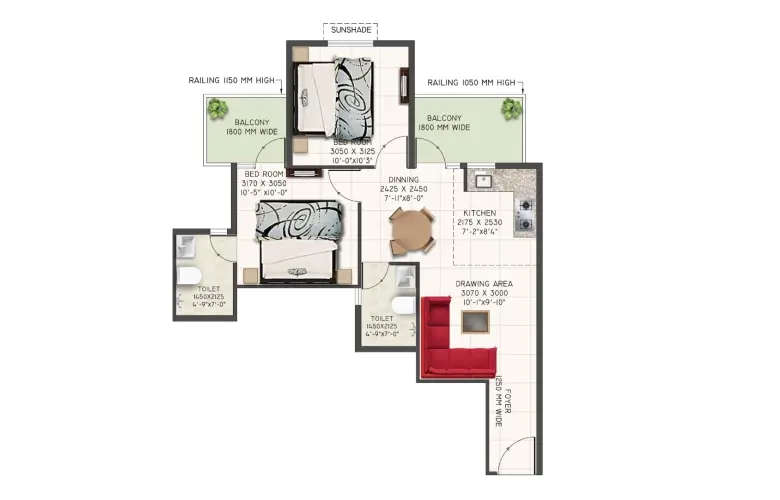 Floor plan for 2 BHK