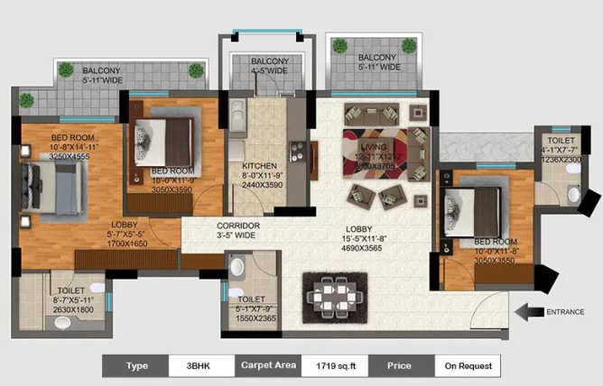 DLF Regal Gardens Sector 90 Gurgaon - Floor plan 3 BHK 1719 Sq.ft