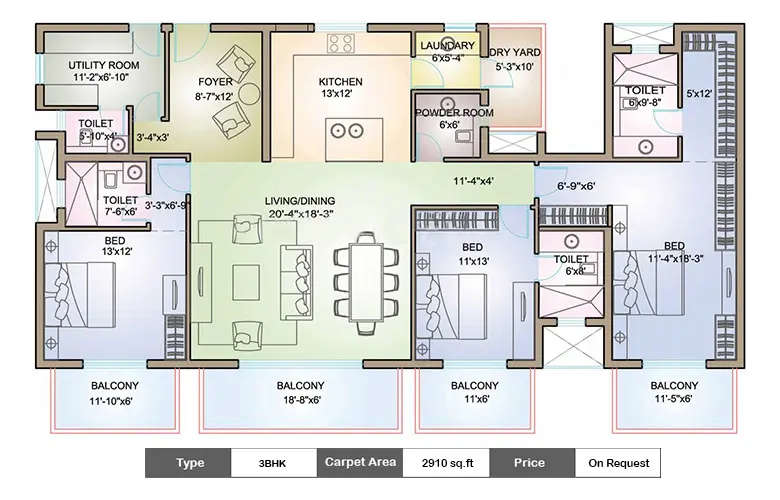Floor plan for 3 BHK