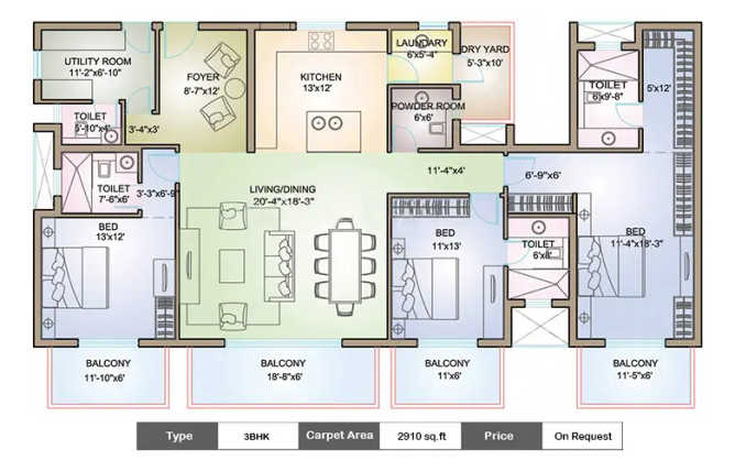 TATA Raisina Residency Sector 59 - Floor plan 3 BHK 2910 Sq.ft
