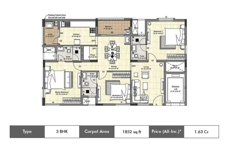 Floor plan for 3 BHK