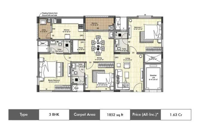 DRA Tuxedo Elite Velachery - Floor plan 3 BHK 1852 Sq.ft