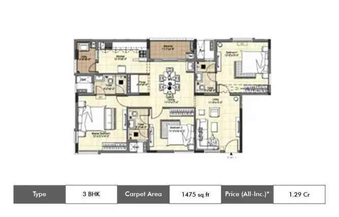 DRA Tuxedo Velachery - Floor plan 3 BHK 1475 Sq.ft