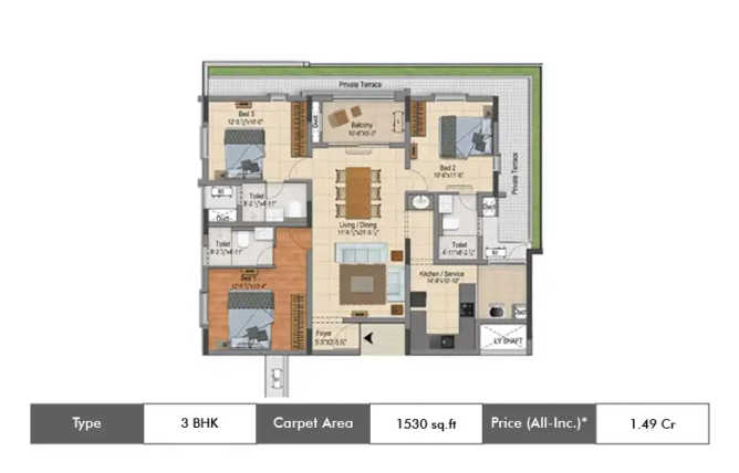 DRA Ascot Adambakkam - Floor plan 3 BHK 1530 Sq.ft
