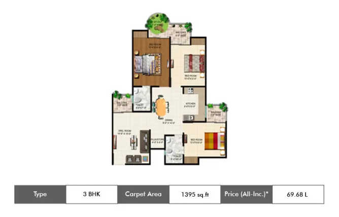 Ajnara Grand Heritage Sector 74 - Floor plan 3 BHK 1395 Sq.ft