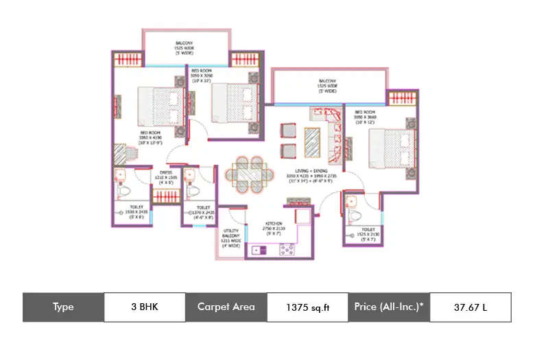 Floor plan for 3 BHK