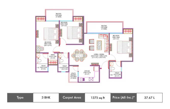 Ajnara Khel Gaon Knowledge Park V Greater Noida W - Floor plan 3 BHK 1375 Sq.ft