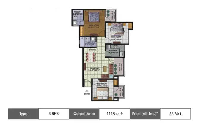 Amrapali Golf Homes Sector 4 Greater Noida - Floor plan 3 BHK 1115 Sq.ft