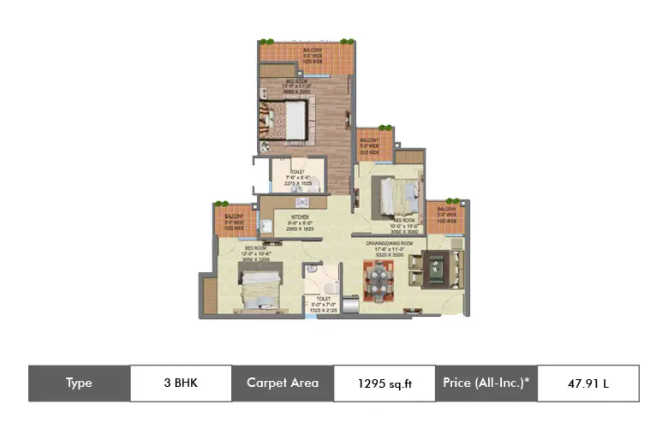 Supertech Grand Circuit Sector 17A Greater Noida - Floor plan 3 BHK 1295 Sq.ft