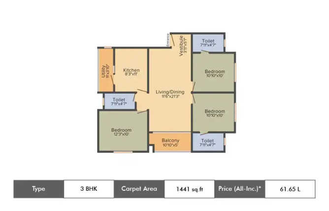 Pacifica Happiness Towers Padur - Floor plan 3 BHK 1441 Sq.ft