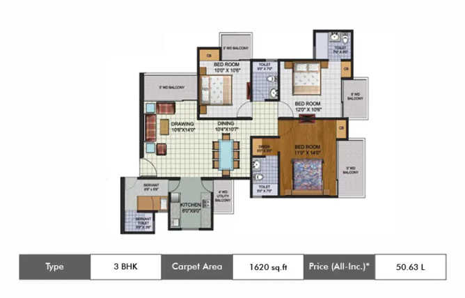 Amrapali Augusta Tower Sector 63 - Floor plan 3 BHK 1620 Sq.ft