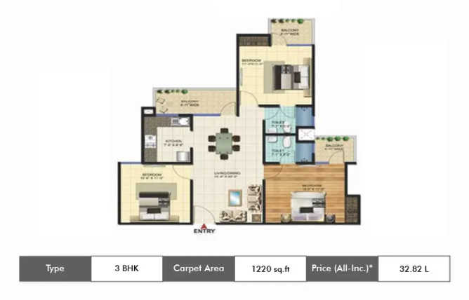 Amrapali Adarsh Awas Yojna Sector 76 - Floor plan 3 BHK 1220 Sq.ft