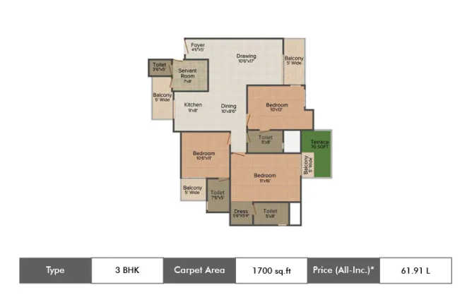 Amrapali Terrace Homes Techzone IV Greater Noida W - Floor plan 3 BHK 1700 Sq.ft
