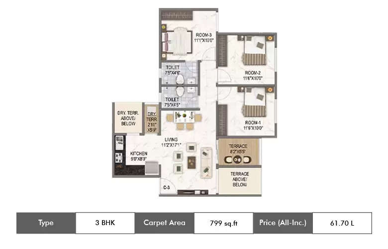 Floor plan for 3 BHK