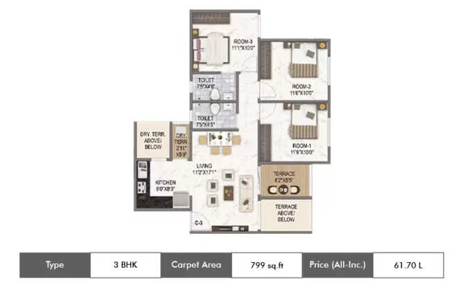 Runal Spacio Ravet - Floor plan 3 BHK 799 Sq.ft