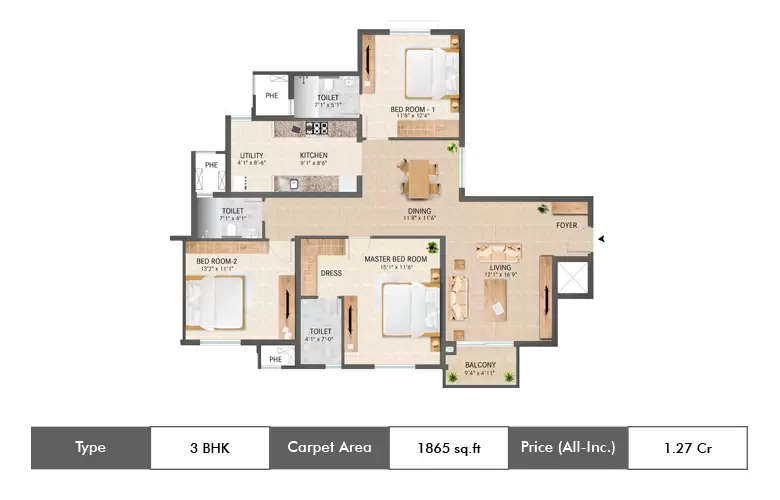 Floor plan for 3 BHK