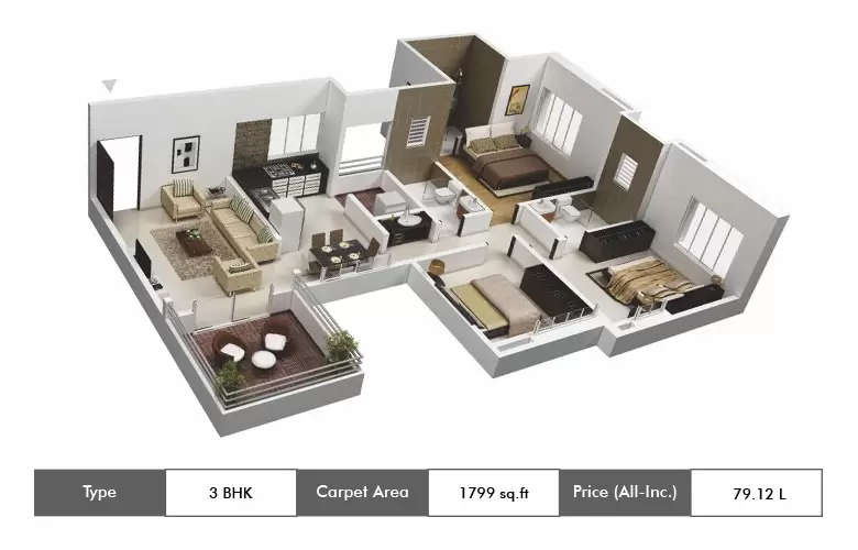 Floor plan for 3 BHK