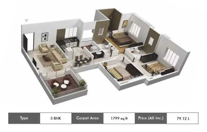 Casagrand Zenith Medavakkam - Floor plan 3 BHK 1799 Sq.ft