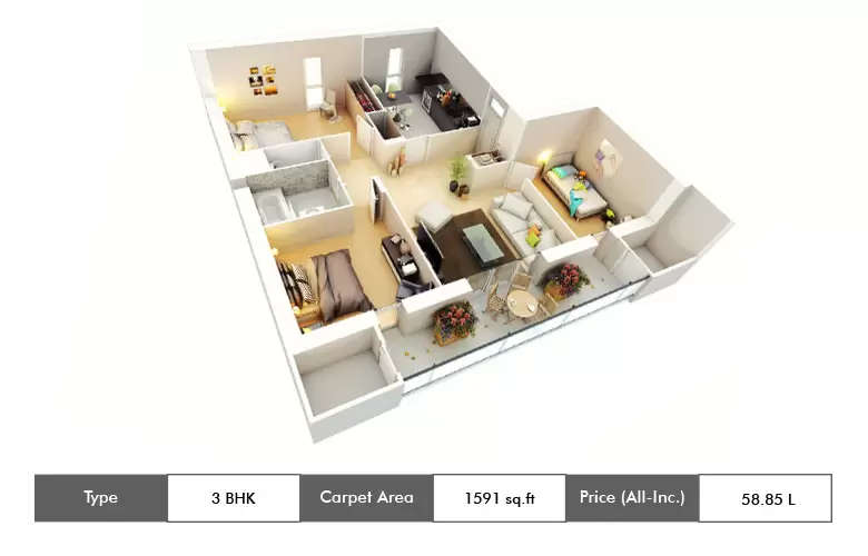 Floor plan for 3 BHK