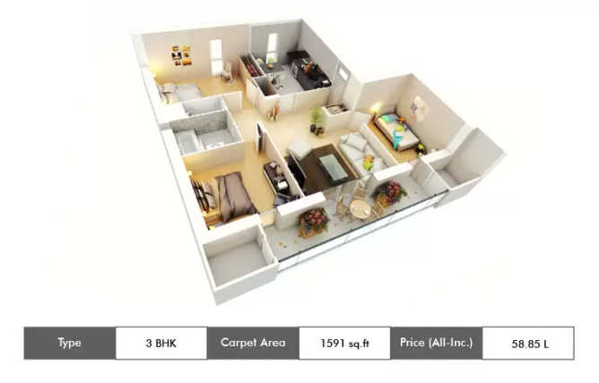 Appaswamy Habitat Siruseri - Floor plan 3 BHK 1591 Sq.ft