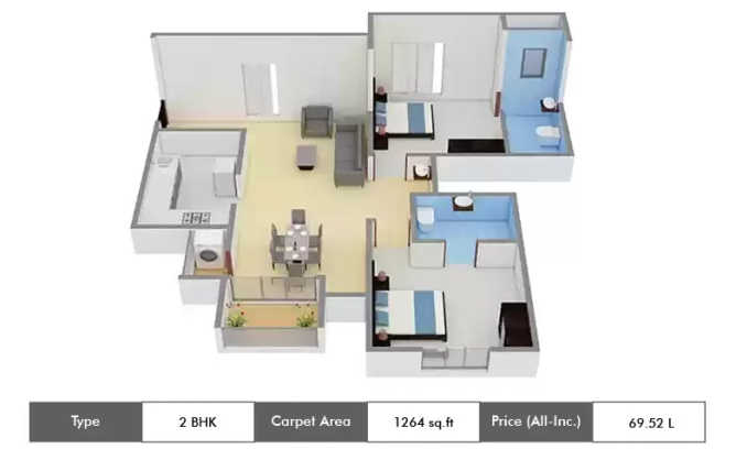 Appaswamy Splendour Thalambur - Floor plan 2 BHK 1264 Sq.ft
