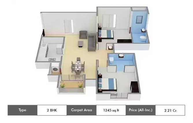 Appaswamy Clover By The River Adyar - Floor plan 2 BHK 1245 Sq.ft